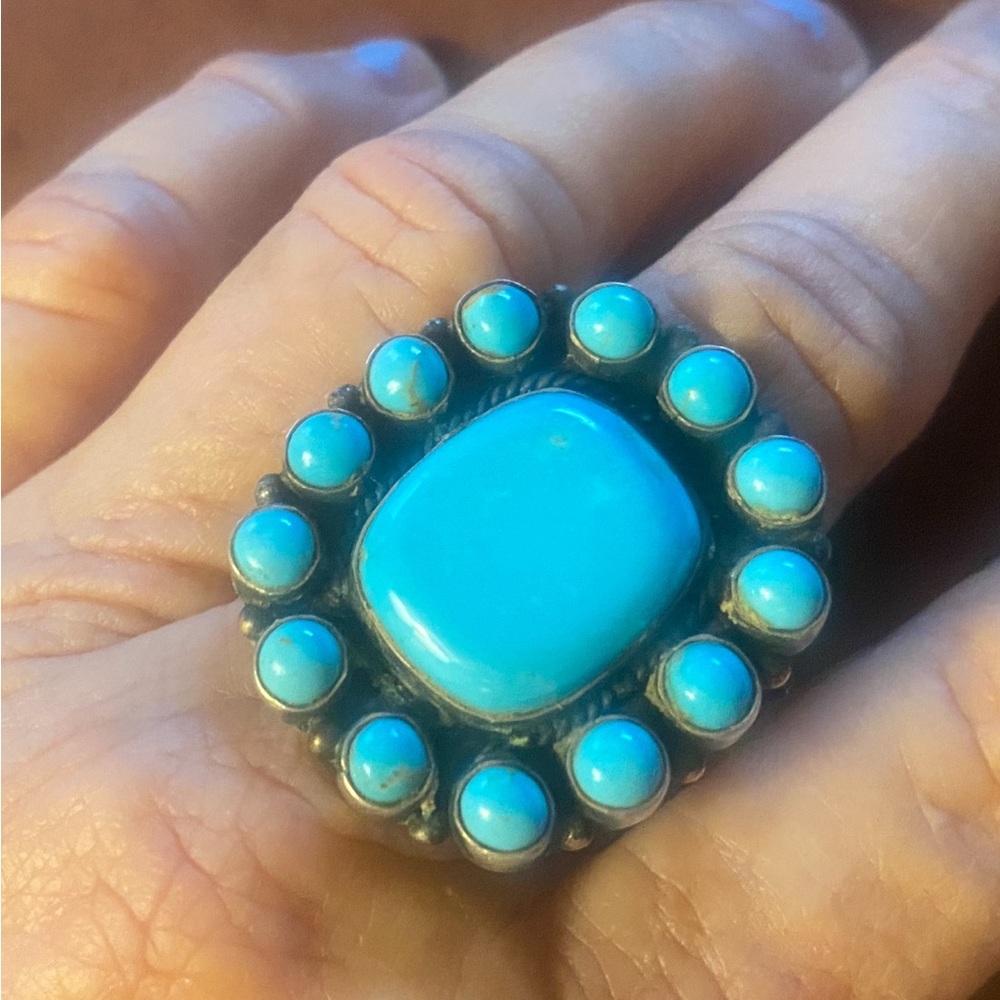 Southwest Native Navajo made ring turquoise + 9.25 sterling .Price above OBO.